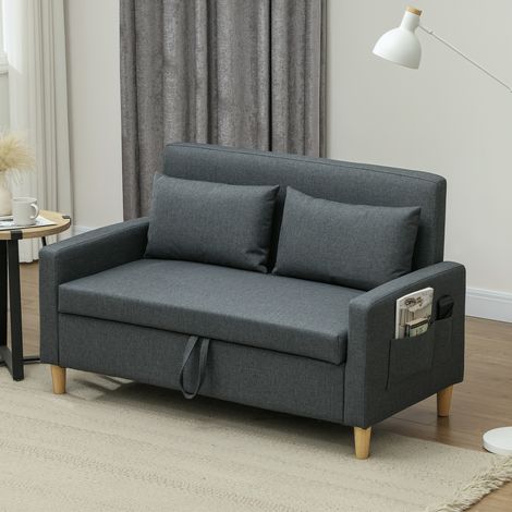 Sofá de tela de 2 plazas con reposabrazos y 2 cojines extraíbles, sofá de dos plazas moderno con espacio de almacenamiento, bolsillos laterales y patas de madera para sala de estar y salón, 135x72x84c