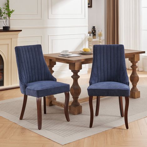 Lot de 2 Chaises de Salle à Manger en Tissu Lin – Chaise de Cuisine Confortable avec Assise Rembourrée et Pieds en Bois Massif Courbés - Bleu (1/5)