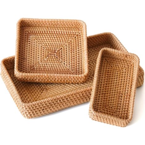 Plateau En Rotin - Panier Rectangulaire De Rangement - Lot De 3 - Pour Cuisine Salle De Bain Salon - Dimensions Variées (1/5)