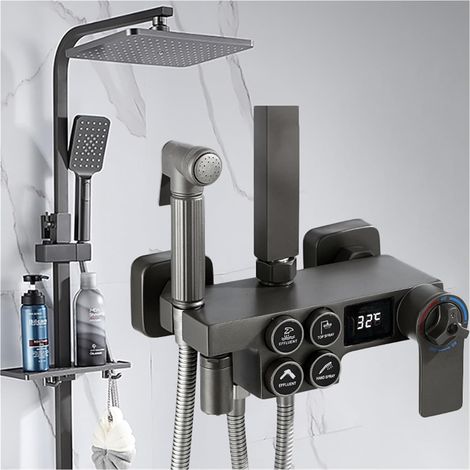 Ensemble de douche mitigeur thermostatique intelli Ensemble de douche numérique chaud et froid robinet système de douche de salle de bains robinet de douche en or noir pommeau de douche carré système (1/5)