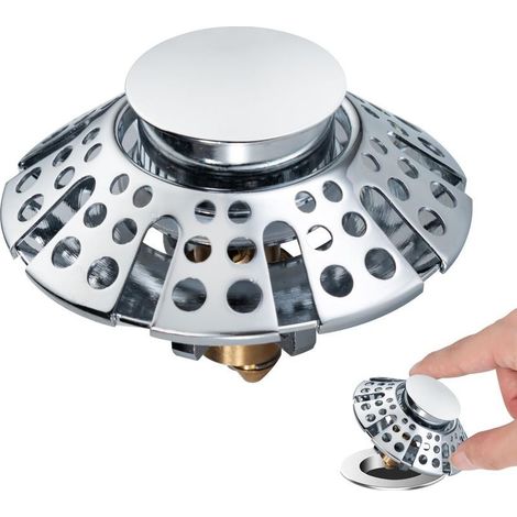 Bonde de lavabo 3 en 1 à clapet avec panier filtrant en acier inoxydable - Bouchon pour lavabos de 37 à 50 mm - Noyau à bille en laiton - Finition chromée (1/4)