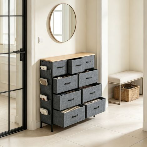 Commode 9 Tiroirs, 100 x 30 x 100cm Tour Rangement Tissu pour Chambre, Couloir, Entrée, Placard, Cadre Acier, Plateau Bois (1/5)