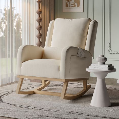 Silla mecedora con reposabrazos y bolsillos - estructura de madera - estilo escandinavo - lino - silla mecedora informal - Beige