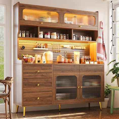Buffet haut avec porte relevable, éclairage LED et contrôle par application, pour cuisine et salon, 145x39x171 cm, couleur noyer (1/5)