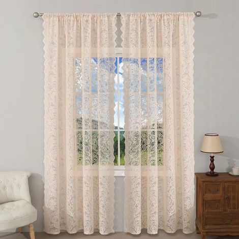 Rideaux en dentelle transparente deux pièces, rideaux pour baie vitrée de chambre, rideaux à tringle, beige, 140 cm de large x 100 cm de haut (1/4)