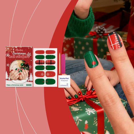 Weihnachtsstern-Nagelsticker-Set aus weichem Gel – Kreative DIY-Nagelkunst in bunten Farben – 12 Nagelsticker + 1 Haftstreifen + 1 Holzstäbchen + Feuchttücher -- DE (1/5)