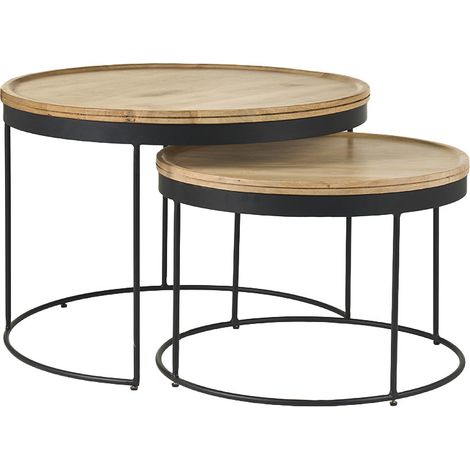 Verschachtelungs-Couchtische aus massivem Mangoholz und Metall LEDGE