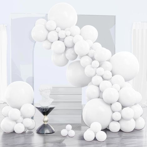 Kit d'arche de 140 ballons en latex blanc - Ballons blancs mats en 4 tailles (18", 12", 10", 5") - Parfait pour les décorations de mariage, enterrement de vie de jeune fille, remise de diplômes, baby (1/5)