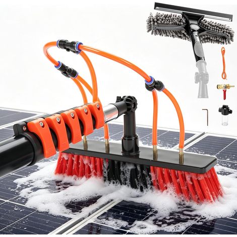 Brosse de lavage télescopique de 7,2 m avec raccord d'eau Barre télescopique avec brosse en microfibre pour installation PV, nettoyage solaire, gouttière, toit de terrasse (1/5)