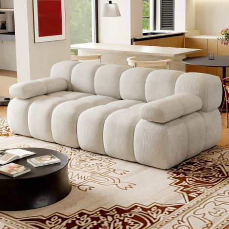 Canapé droit 200 cm en tissu blanc à mousse haute élasticité, sans montage, pour salon et appartement