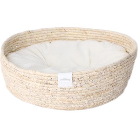 1 - Panier pour chat - Coussin réversible - Lit surélevé en feuilles de maïs tressées et peluche - Pour intérieur - Blanc/Beige - 38x13 cm (1/5)
