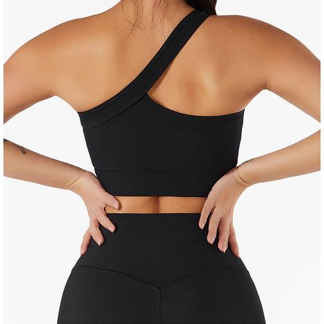 Ensemble de sport : brassière asymétrique à bretelles, taille haute, respirante et extensible, short pour la course et la danse, noir XL (1/5)