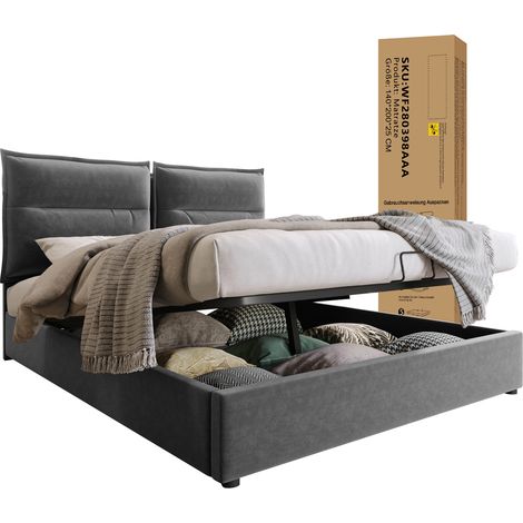 Doppelbett mit Bettkasten und verstellbarem Kopfteil, 140 x 200 cm, Samt Grau, Matratze inklusive (1/5)