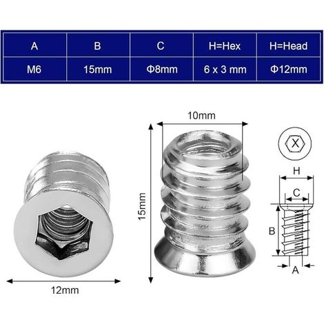 Lot de 100 inserts filetés M6 x 15 mm – Alliage de zinc – Pour bois dur et contreplaqué – Résistants à l'oxydation - 100PCS (1/4)