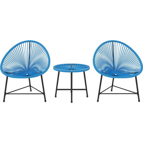 Salon de jardin extérieur en résine tressée 2 personnes, plateau en verre trempé, pour balcon terrasse patio, bleu