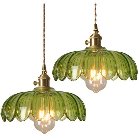 Lámpara Colgante Vintage Colgante de Luz Pantalla Vidrio Creativa Iluminación de Techo Ajustable Verde 2 Piezas (1/5)