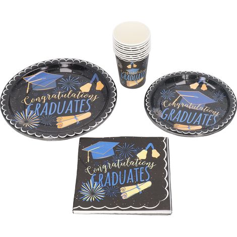 40 Pièces Assiettes de Cérémonie Jetables Noires - Service de Table pour Fête de Fin d'Études avec Napperons - Décoration Événement Diplôme (1/5)
