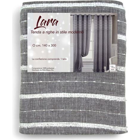 Tenda Lara Grigia a Righe - Stile Moderno - Poliestere Semitrasparente - Con Anelli in Acciaio - 140x300 cm