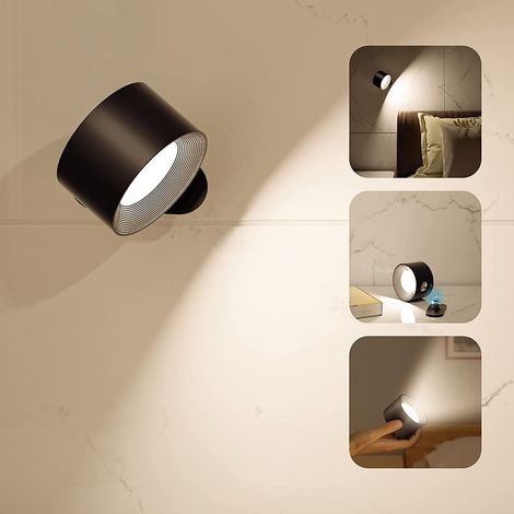 Applique murale intérieure tactile LED avec port de chargement USB, commande tactile, 3 niveaux de luminosité, 3 températures, lampe de chambre rotative à 360°, lot de 2 (noir) [Classe énergétique A++