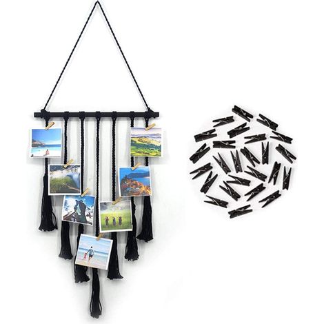 Cadre Photo Mural Cadre Photo Pêle-mêle avec Porte Photo Pinces Affichage Photo Mural Macramé Décoration Mural Maison Noir