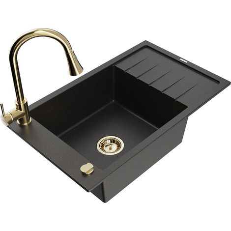 Mexen Elias 1 Becken-Granitspüle mit Abtropffläche und Mischbatterie Elia, Schwarz/Gold metallisch -