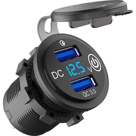 Prise USB 12 V, chargeur de voiture double USB 3.0 avec interrupteur d'allumage et voltmètre pour voitures et camions 12 V/24 V (1/5)
