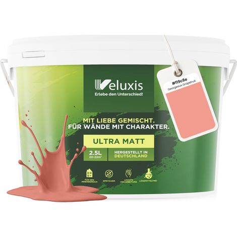 Wandfarbe Orange Rosa Rot Matt Innenfarbe – Deckkraft Klasse 1, VOC-frei, Ohne Grundierung, Tropfarm – Wohnzimmer & Schlafzimmer – 2,5L – Veluxis (Gorgeous Grapefruit)