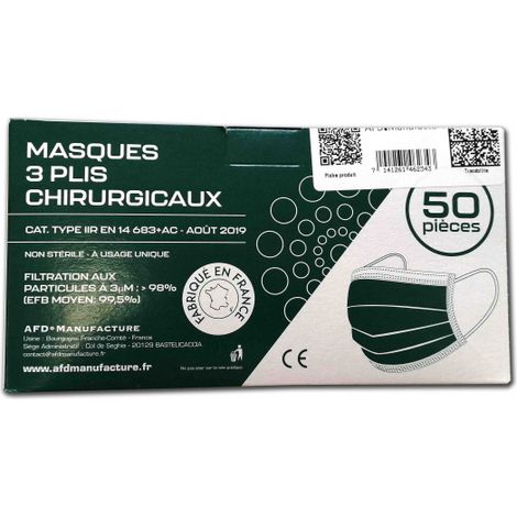 Boîte de 50 masques chirurgicaux type IIR 3 plis non tissés Made in France (1/2)