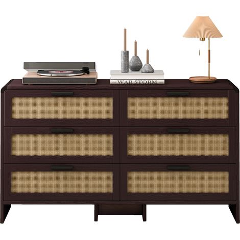 Cómoda de Esquina con Esquinas Redondeadas y 6 Cajones de Ratán, Estilo Natural, en Tablero de Partículas, 130×40×80 cm, Marrón Rojizo