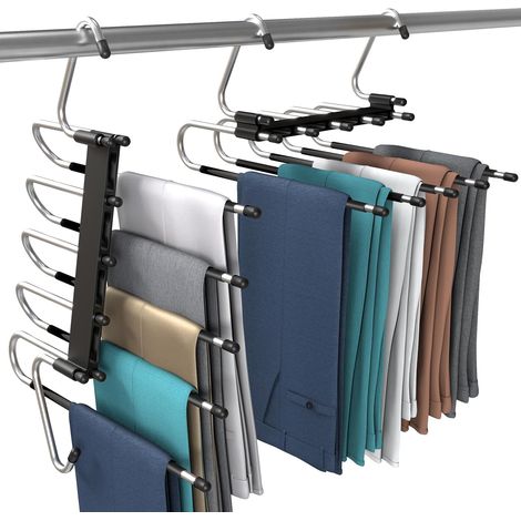 Juego de 2 perchas negras que ahorran espacio con ganchos en forma de S de acero inoxidable: organizador de armario para pantalones, faldas y bufandas. (1/5)