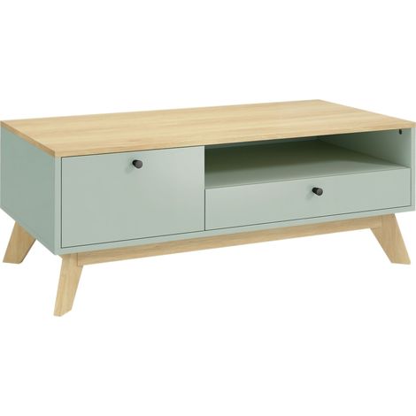 Table de salon rectangulaire avec tiroir, porte et étagère ouverte, couleur vert clair et chêne, meuble d'appoint pratique. (1/5)