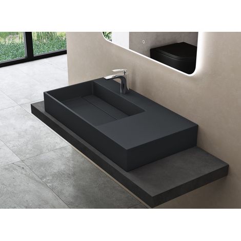 doporro® Lavabo de diseño 75x48x13cm desagüe oculto Colossum12-izquierdo en antracita mate de mármol fundido apto como lavabo sobre encimera y lavabo suspendido