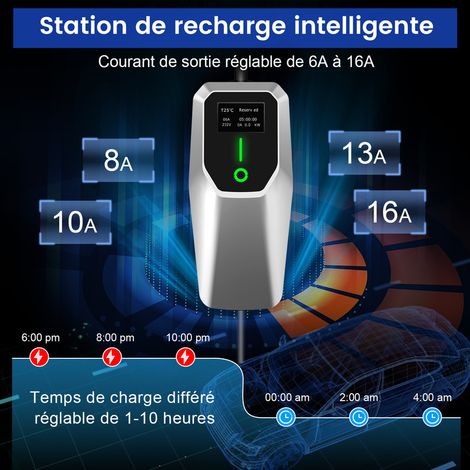Câble de recharge pour véhicule électrique de type 2 vers prise domestique 230 V 16 A 3,5 kW, borne murale mobile (1/5)