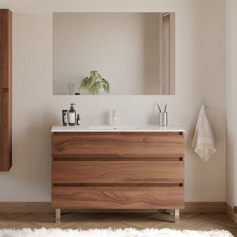 Meuble de salle de bain 120cm simple vasque - 3 tiroirs - noyer (bois foncé) - MAYOR (1/5)