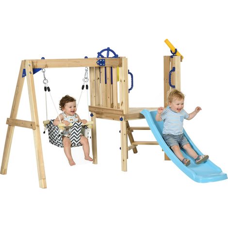 Holzschaukel und Rutsche für Kinder im Außenbereich mit Teleskop-Lenkrad für Kinder von 18-48 Monaten, Naturholz