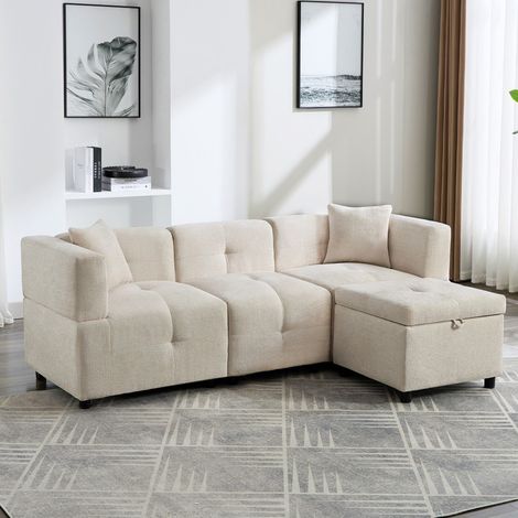 Canapé d'angle 3 places en tissu chenille – Rangement intégré – Pouf amovible – Confort ergonomique – Design moderne beige (1/5)