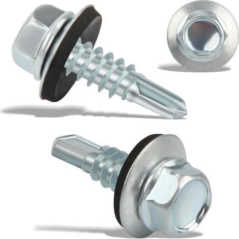 120PCS Vis Autoforeuse Metal 4,8x16 mm Autoperforante Inox Bac Acier Hexagonale Autoperceuse pour Metal Vis Etanche Avec Joint Tole Toiture Autoforante Auto Foreuse pour Plus Fixation(Argenté) (1/5)