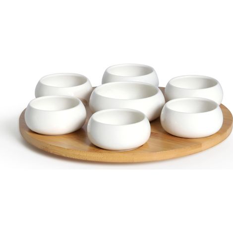 Tapas - Set 7 coupelles apéritives en céramique avec plateau en bambou tournant