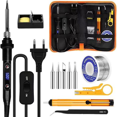 Fer à Souder Set,80W Température Réglable 180 500°C Electronique de Precision avec Interrupteur, 5 Conseils de soudage,Station de Soudage, Pincettes,Barre de Soudure pour la Maintenance Electrique (1/5)