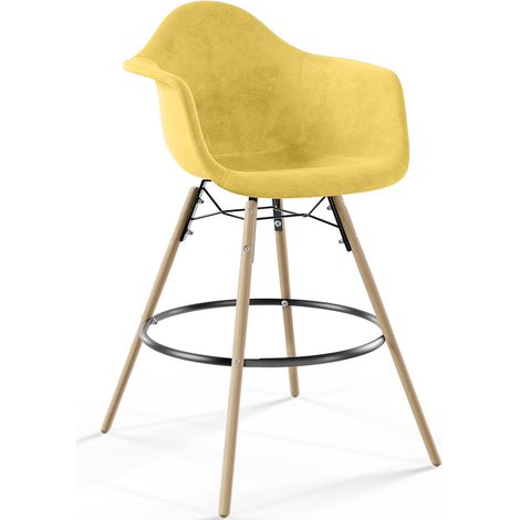 Sgabello da Bar in Velluto - Design Scandinavo e Gambe in Legno - Nordika Giallo (1/5)