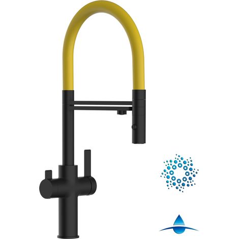 Robinet de Cuisine Mitigeur 4 Voies noir mat pour système de carbonatation et filtration/purification d'eau bec jaune orientable et douchette 2 jets détachable FC VIZIO (1/5)