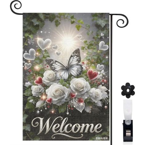 Drapeau de jardin bienvenue 30 x 45 cm motif papillon et fleurs style campagne toile double face pour extérieur (1/5)