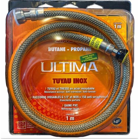 Flexible inox gaz butane propane 1M - Sans date limite d'utilisation - Certifié NF - Raccords G 1/2" et M20x150 - Gaine PVC (1/5)