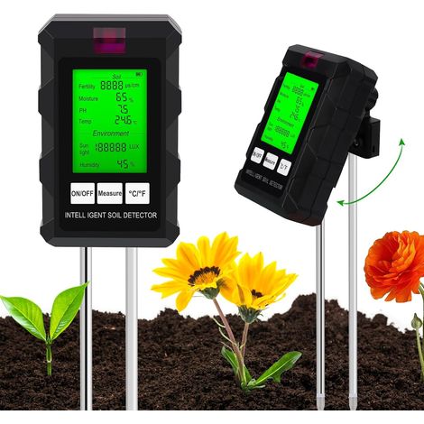 CSPARKV (22 × 4,9 × 4 cm) Medidor de suelo 6 en 1 con medición de fertilidad, humedad, pH, temperatura, luz solar y humedad ambiental. Ideal para jardinería, césped y agricultura. (1/4)