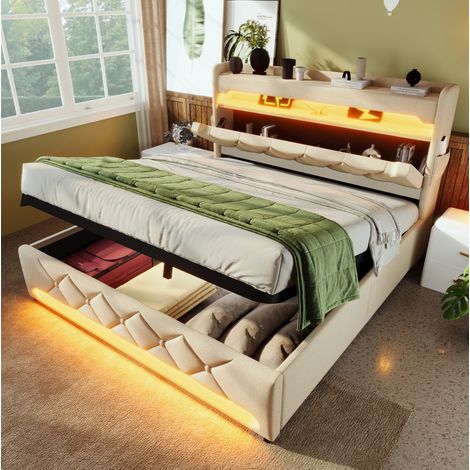 Letto Contenitore 160x200 cm con Testiera Contenitore e Illuminazione LED (1/5)