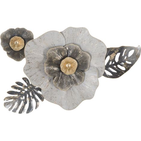 Pannello decorativo da parete Edy B a fiori e foglie in ferro argento e oro 74x47 cm (1/5)