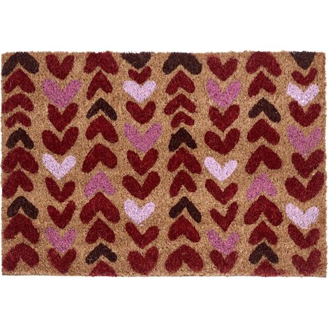 Felpudo moderno de interior 40 x 60 cm motivo corazones reverso de PVC antideslizante fibra de coco natural Timolan