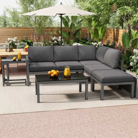 Set di divani da giardino 5 posti, 2 divani matrimoniali + 1 divano singolo + 1 tavolino + Tavolini bassi fissi, con tutti i cuscini, metallo, grigio scuro (1/5)