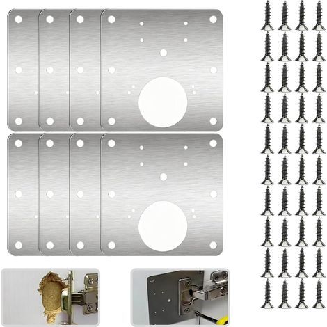 Plaque Reparation Charniere Porte Placard, 8 Pièces Réparation Charnières Meuble Cuisine Quincaillerie Plate Inoxydable Kit de Renforcement Fixation Porte avec Vis pour Bois Étagère Armoire (9090mm) (1/4)