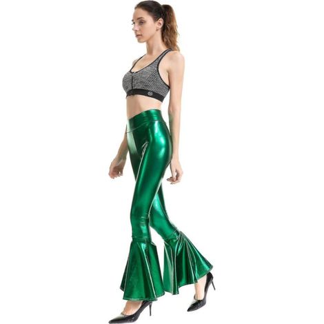 Damen-Schlaghose, Meerjungfrauenhose mit weitem Bein, Metallic-Hippiehose Xinmu-S-Grün (1/3)